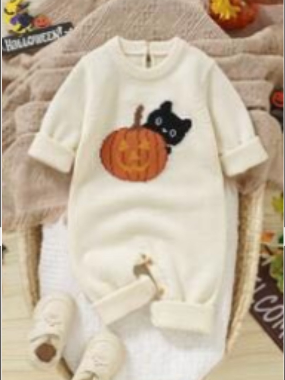 Cream Baby Footie with Pumpkin & Peekaboo Black Cat